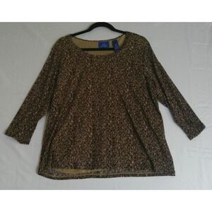 J.H. Collectibles Women 2X Blouse Brown Animal Print Mesh 3/4 Sleeve Scoop Neck
